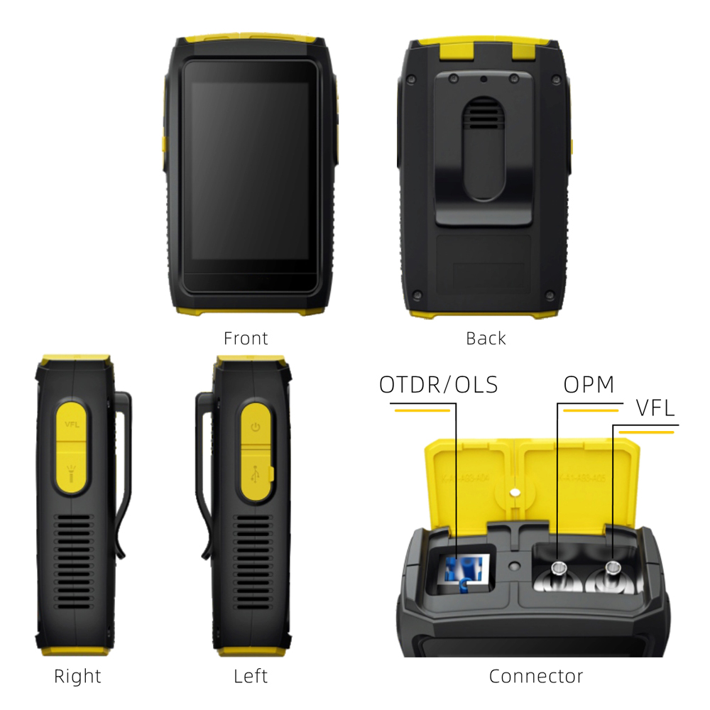 TTI FWT-100 OTDR angled view showing interface ports